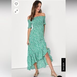 Fleur-tation Green Floral Print Off-the-Shoulder Midi Dress